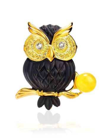 Enamel Brooch With Amber And Crystals The Owl, image 