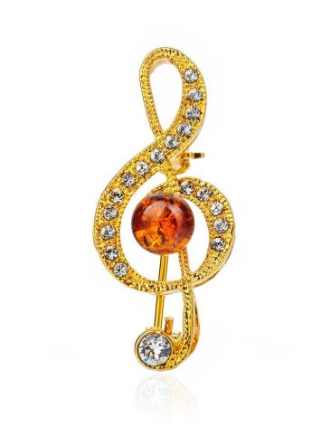 Designer Gold Plated Brooch With Amber And Crystals, image 