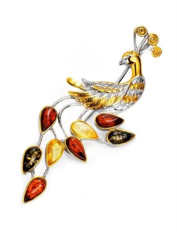 Multicolor Amber Brooch In Gold Plated Silver The Peacock, image 