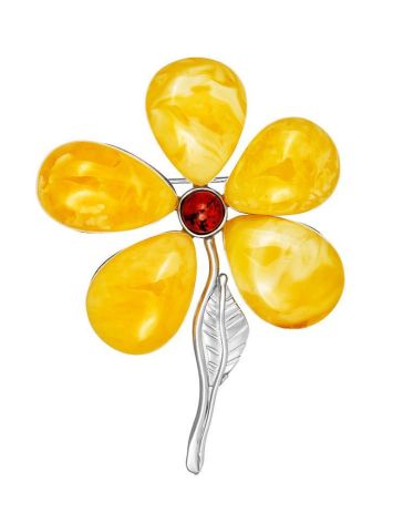 Floral Amber Brooch In Sterling Silver, image 