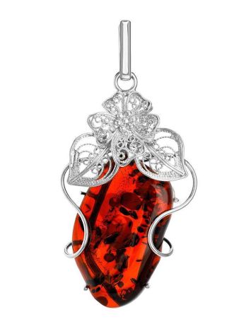 Exclusive Handcrafted Silver Pendant With Polished Natural Amber Stone The Dew, image 
