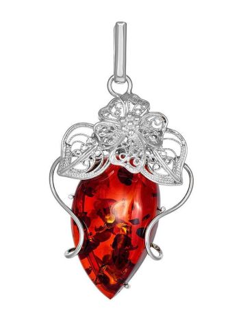 Handcrafted Silver Pendant With Polished Cognac Amber Stone The Dew, image 