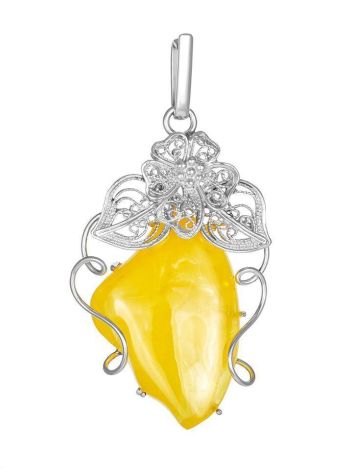 Exclusive Handcrafted Silver Pendant With Polished Natural Amber Stone The Dew, image 
