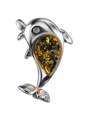 Silver Dolphin Pendant With Green Amber, image 