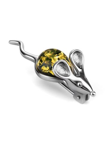 Cute Silver Brooch With Green Amber The Mouse, image 