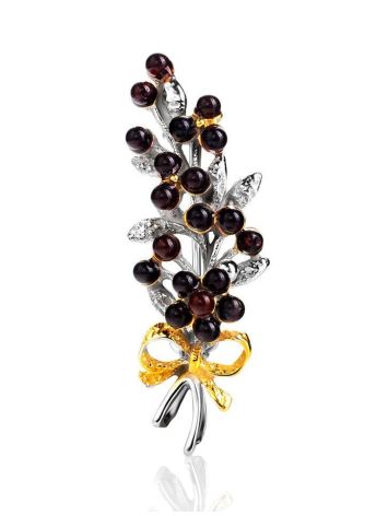 Sterling Silver Floral Brooch With Cherry Amber, image 
