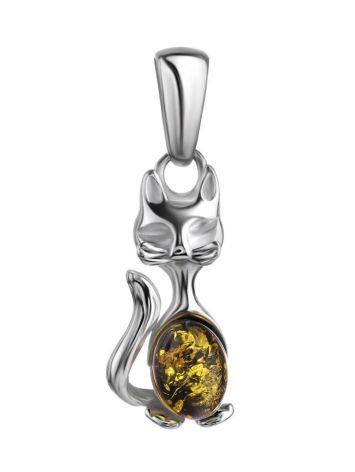 Silver Cat Pendant With Green Amber, image 