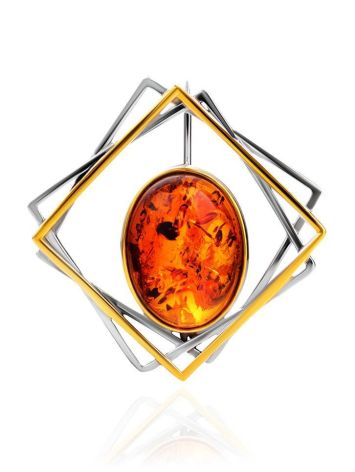 Geometric Gold Plated Brooch With Amber Centerpiece, image 