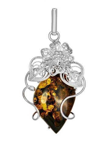 Exclusive Handcrafted Silver Pendant With Polished Green Amber Stone The Dew, image 