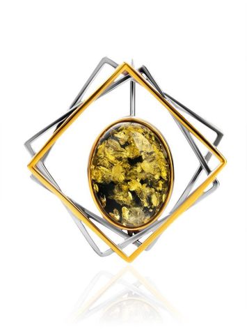Geometric Gold-Plated Brooch With Green Amber, image 