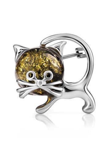 Green Amber Brooch In Sterling Silver The Kitten, image 