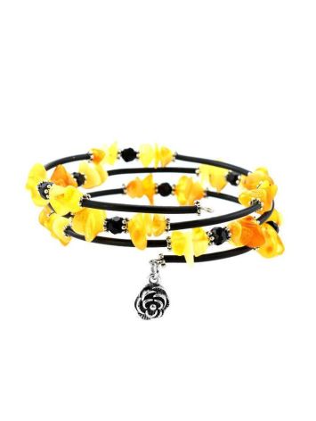 Bold Bangle Bracelet With Amber Beads And Flower Charm, image 