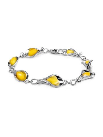 Flower Motif​ Sterling Silver Link Bracelet With Baltic Amber The Calla Lily, image 