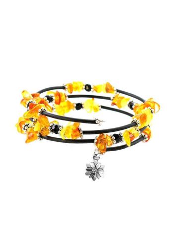 Amazing Clover Charm Bangle Bracelet With Natural Amber And Glass Beads, image 