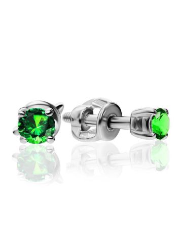 Silver Stud Earrings With Bright Green Crystals, image 