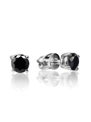 Minimalistic Silver Stud Earrings With Black Crystals, image 