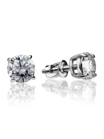 Chic Silver Stud Earrings With White Crystals, image 