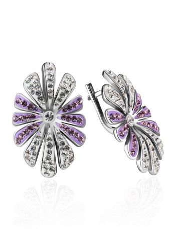 Silver Floral Earrings With White And Lilac Crystals The Eclat, image 