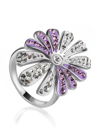 Silver Floral Ring With White And Lilac Crystals The Eclat, Ring Size: 6 / 16.5, image 
