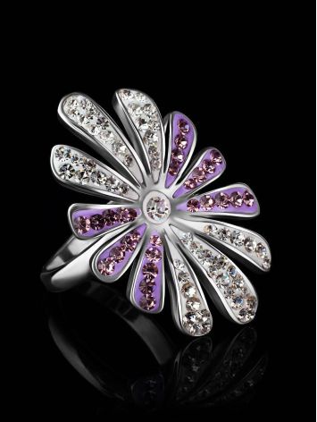 Silver Floral Ring With White And Lilac Crystals The Eclat, Ring Size: 6 / 16.5, image , picture 2