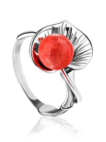 Floral Silver Ring With Reconstructed Coral Centerpiece The Kalina, Ring Size: 8 / 18, image 