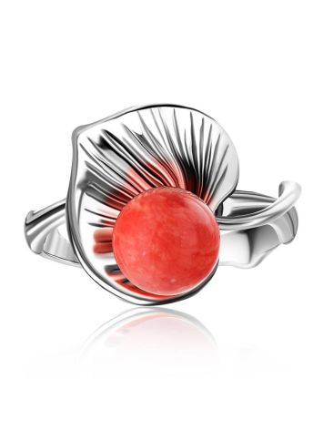 Floral Silver Ring With Reconstructed Coral Centerpiece The Kalina, Ring Size: 8 / 18, image , picture 4