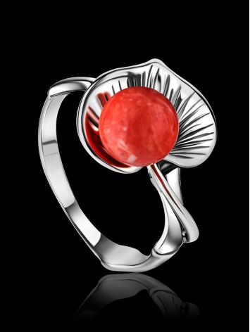 Floral Silver Ring With Reconstructed Coral Centerpiece The Kalina, Ring Size: 8 / 18, image , picture 2