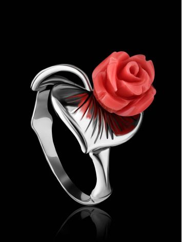 Silver Flower Ring With Bright Reconstructed Coral The Kalina, Ring Size: 6 / 16.5, image , picture 2