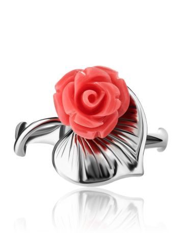 Silver Flower Ring With Bright Reconstructed Coral The Kalina, Ring Size: 6 / 16.5, image , picture 3