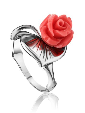 Silver Flower Ring With Bright Reconstructed Coral The Kalina, Ring Size: 6 / 16.5, image 