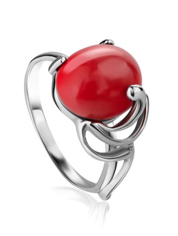 Sterling Silver Ring With Oval Reconstructed Coral Centerpiece, Ring Size: 8.5 / 18.5, image 