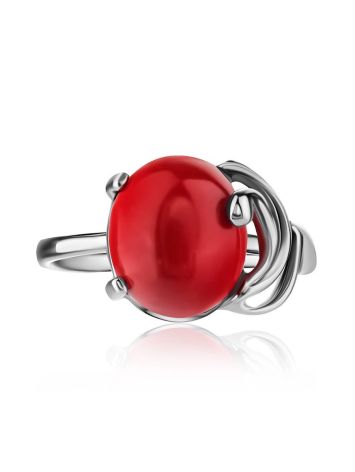 Sterling Silver Ring With Oval Reconstructed Coral Centerpiece, Ring Size: 8.5 / 18.5, image , picture 3