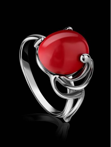 Sterling Silver Ring With Oval Reconstructed Coral Centerpiece, Ring Size: 8.5 / 18.5, image , picture 2