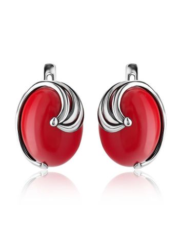 Oval Silver Earrings With Red Reconstructed Coral, image , picture 3