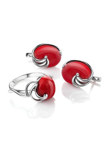 Oval Silver Earrings With Red Reconstructed Coral, image , picture 5