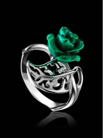 Sterling Silver Ring With Reconstructed Malachite Flower The Kalina, Ring Size: 5.5 / 16, image , picture 2