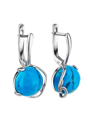 Sterling Silver Earrings With Round Reconstructed Turquoise Centerpieces, image 