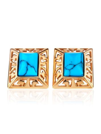 Ornate Gold-Plated Stud Earrings With Reconstructed Turquoise The Ithaca, image , picture 4