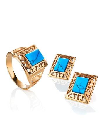 Gold-Plated Signet Ring With Reconstructed Turquoise The Ithaca, Ring Size: 8.5 / 18.5, image , picture 5