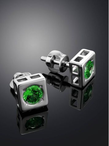 Square Silver Studs With Green Crystals The Aurora, image , picture 2