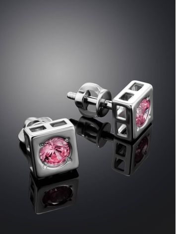 Square Silver Studs With Pink Crystals The Aurora, image , picture 2