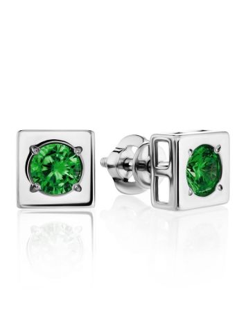 Square Silver Studs With Green Crystals The Aurora, image 