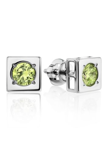 Geometric Silver Stud Earrings With Light Citrus Colored Crystals The Aurora, image 