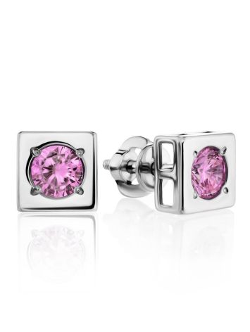 Square Silver Studs With Pink Crystals The Aurora, image 