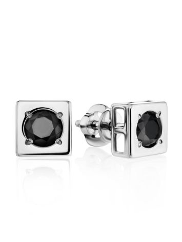 Square Silver Earrings With Black Crystals The Aurora, image 