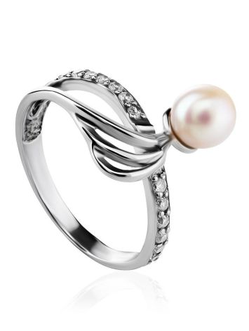 Classy Silver Ring With Cultured Pearl And Crystals The Serene, Ring Size: 6.5 / 17, image 