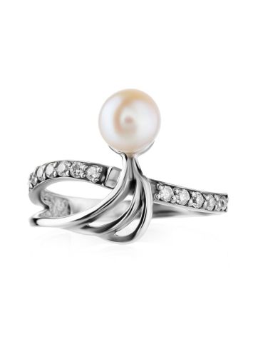 Classy Silver Ring With Cultured Pearl And Crystals The Serene, Ring Size: 6.5 / 17, image , picture 3