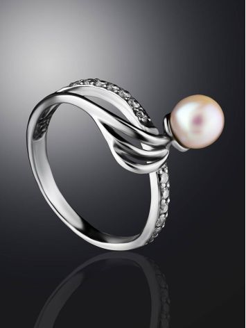 Classy Silver Ring With Cultured Pearl And Crystals The Serene, Ring Size: 6.5 / 17, image , picture 2