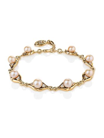 Gold-Plated Link Bracelet With Cultured Pearl And Crystals The Serene, image 