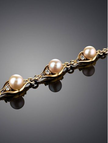 Gold-Plated Link Bracelet With Cultured Pearl And Crystals The Serene, image , picture 2